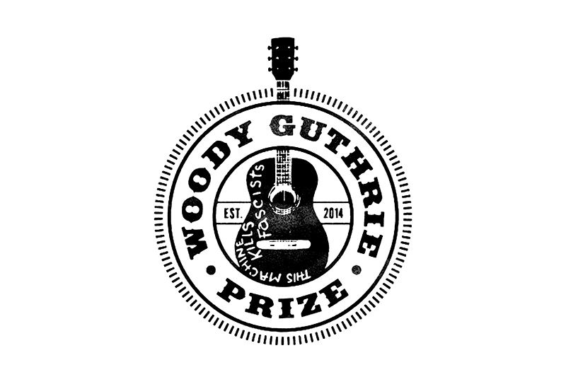 A hand drawn acustic guitar is surrounded by a ring of text that says Woody Guthrie Pize