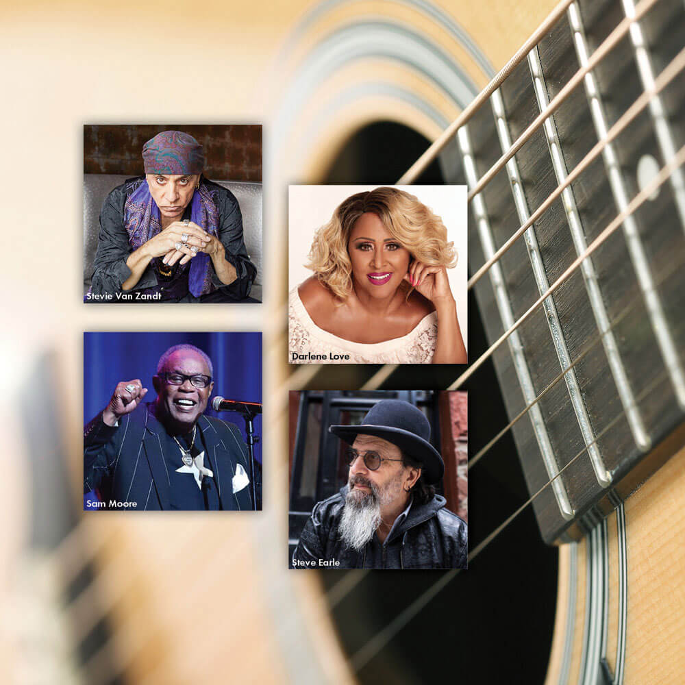 College with photos of Stevie Van Zandt, Darlene Love, Sam Moore, and Steve Earle