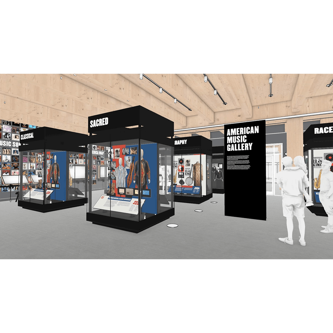 Rendering of a modern museum exhibit featuring labeled sections such as Sacred, Rap, Classical, and Race, with display cases and informational panels; two figures stand observing.