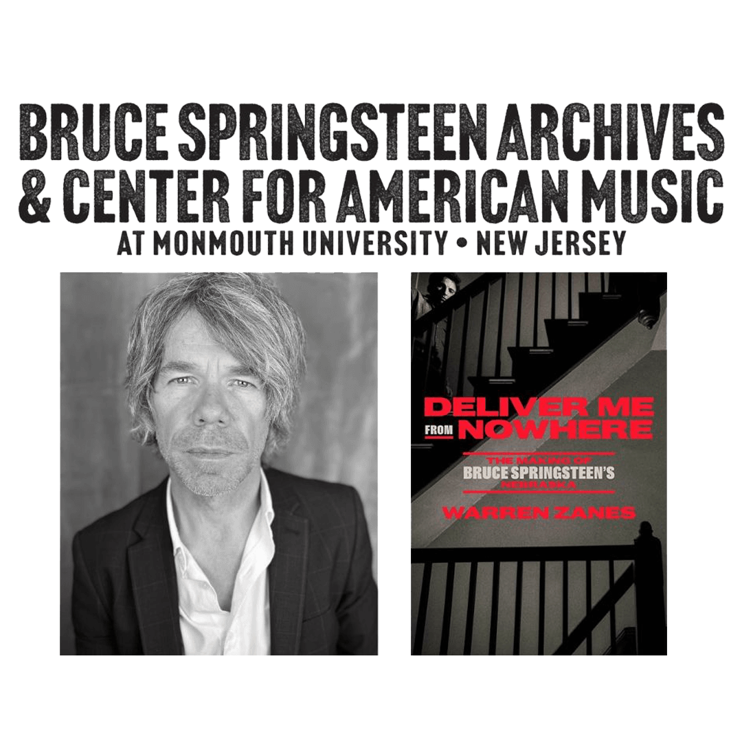 Black and white promotional image for Bruce Springsteen Archives and Center for American Music. Features a portrait of a man next to book cover art.