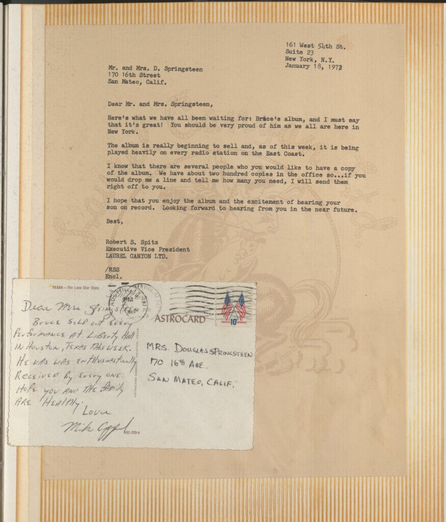 Correspondence following the release of Greetings from Asbury Park, N.J., in a scrapbook kept by Bruce’s mother, Adele.