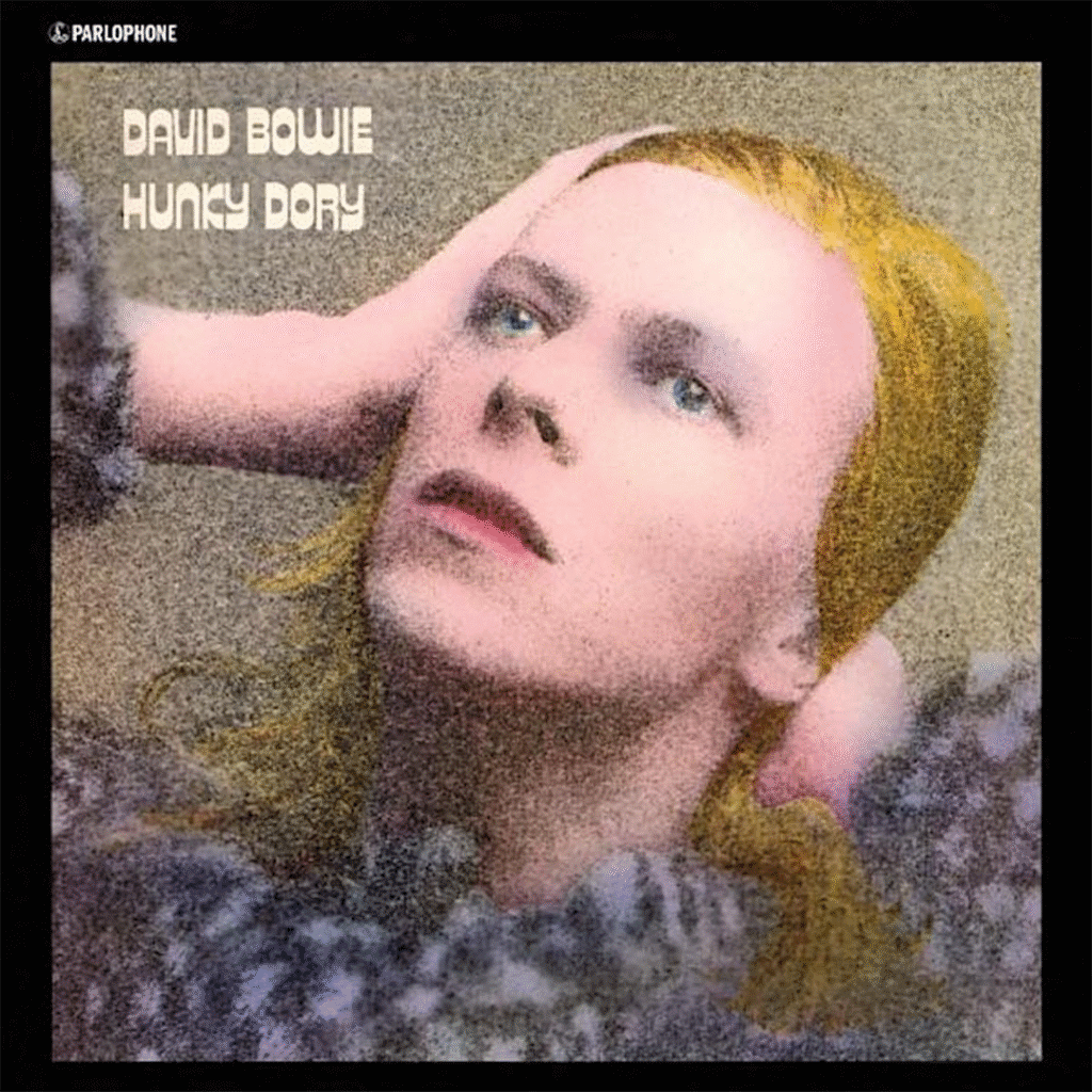 The album cover of "Hunky Dory" features a person with long, light hair looking upwards with hands behind head, against a textured background. Bold text in the corner reads "DAVID BOWIE HUNKY DORY" in stylized font.
