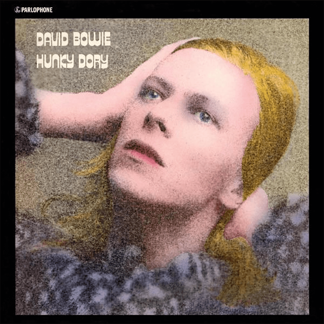 The album cover of "Hunky Dory" features a person with long, light hair looking upwards with hands behind head, against a textured background. Bold text in the corner reads "DAVID BOWIE HUNKY DORY" in stylized font.