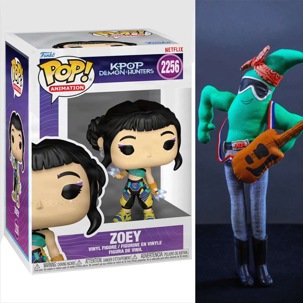 Pop! Vinyl figure of Zoey from "K-POP: Demon Hunters" in a box, vibrant outfit. Next to it, a quirky green plush character with a red bandana and guitar.