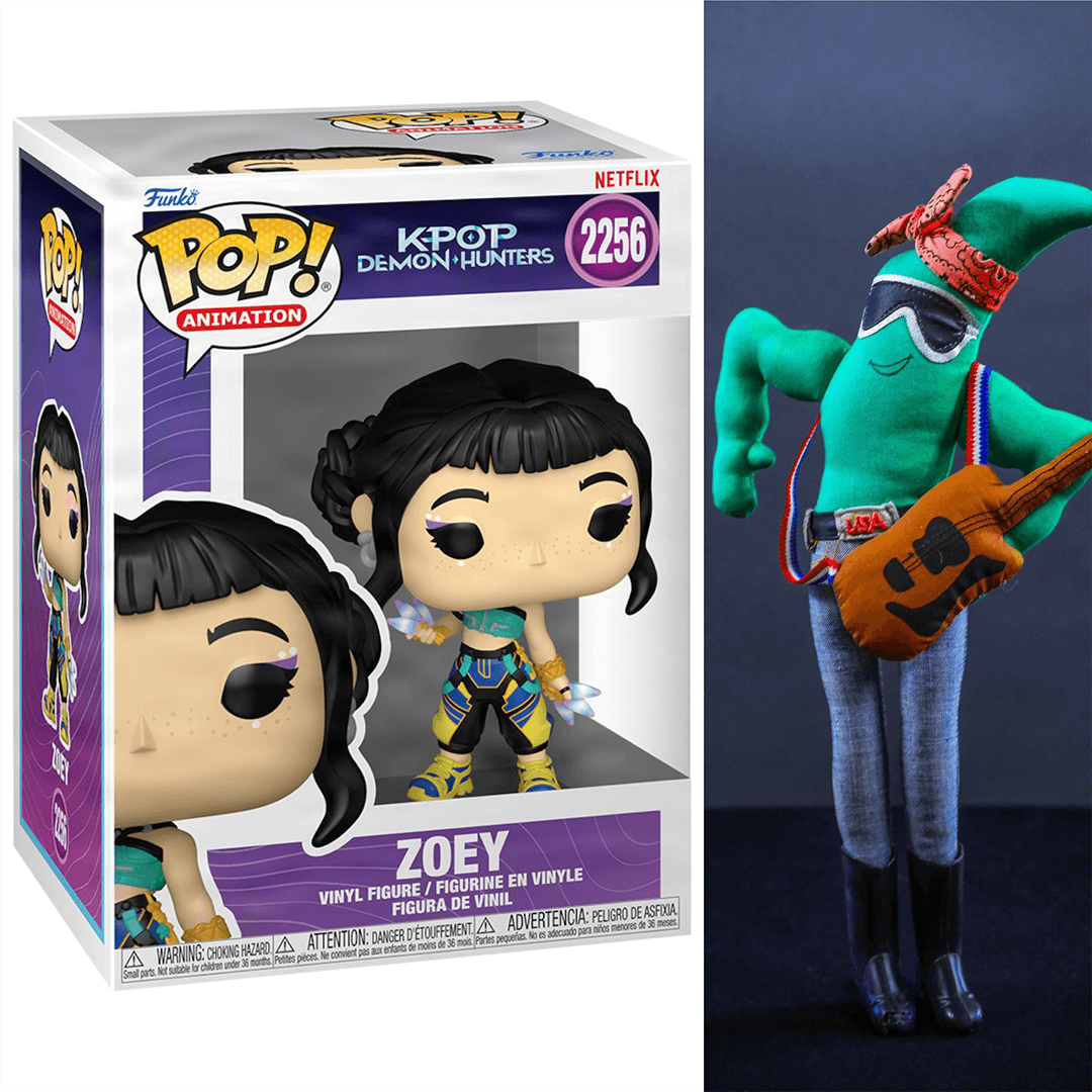 Pop! Vinyl figure of Zoey from "K-POP: Demon Hunters" in a box, vibrant outfit. Next to it, a quirky green plush character with a red bandana and guitar.