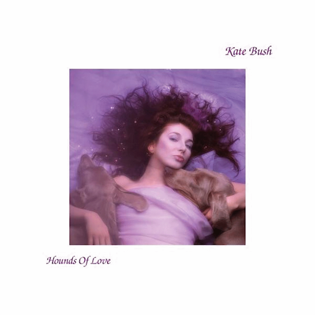 Kate Bush Hounds of Love album cover: Bush lying on a purple background with two gray dogs