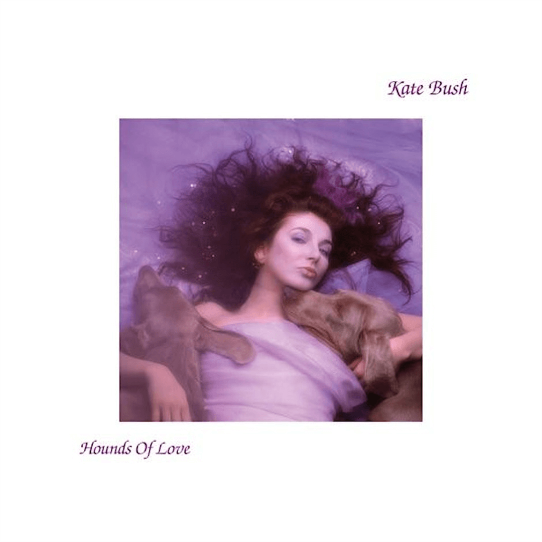 Cover art of "Hounds of Love" shows a woman with wavy hair lying on a purple background, cradling two grey dogs, conveying a dreamy, ethereal mood.