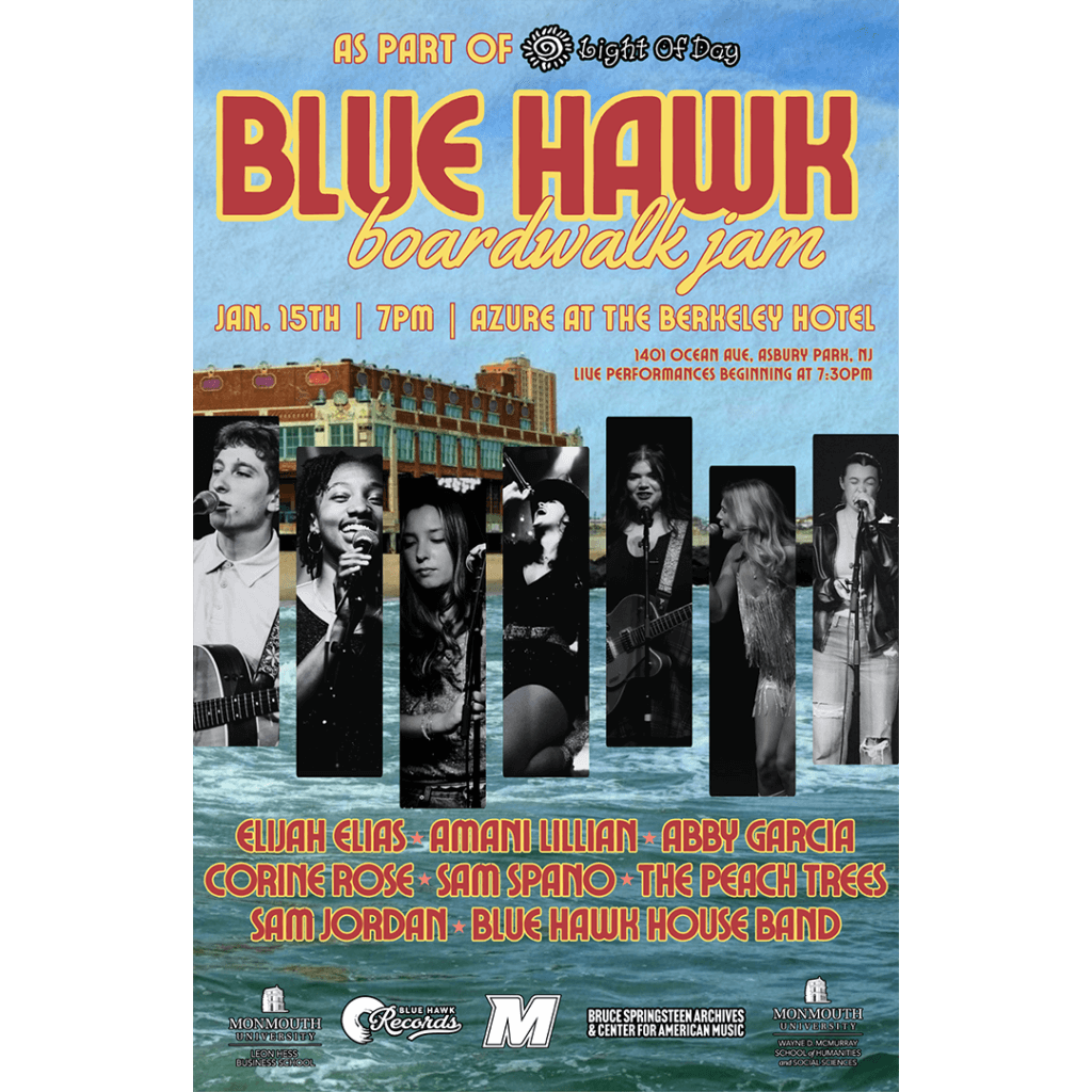 Concert poster for "Blue Hawk Boardwalk Jam" at Azure, Berkeley Hotel, Asbury Park, NJ. Features stylized images of musicians and vibrant text.