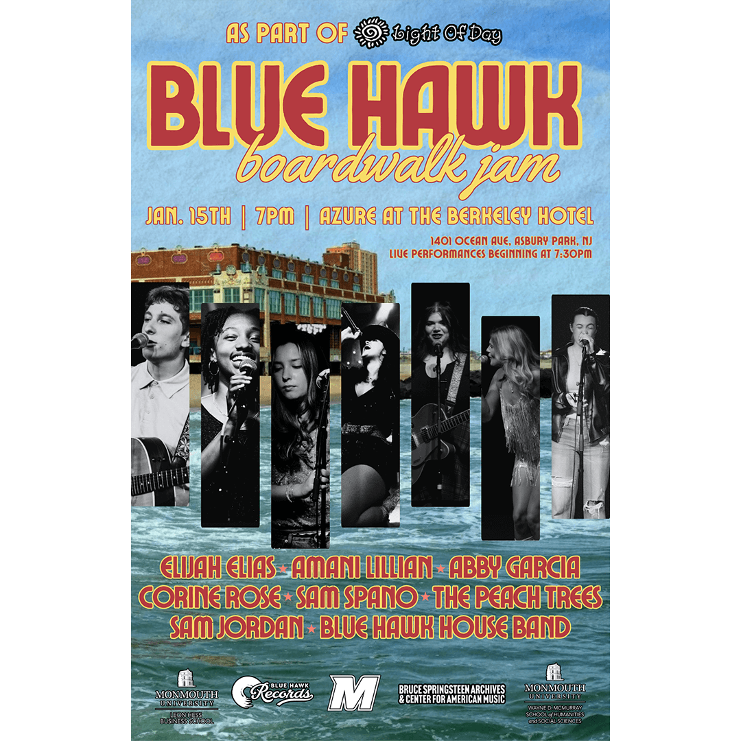 Concert poster for "Blue Hawk Boardwalk Jam" at Azure, Berkeley Hotel, Asbury Park, NJ. Features stylized images of musicians and vibrant text.
