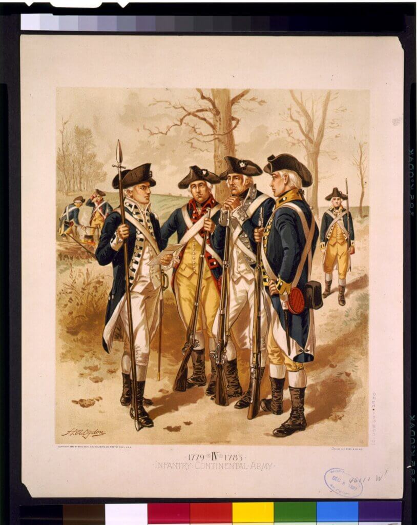 Five Continental Army soldiers from 1779-1783, wearing military uniforms and tricorn hats, stand with guns in a forest, evoking a sense of camaraderie.