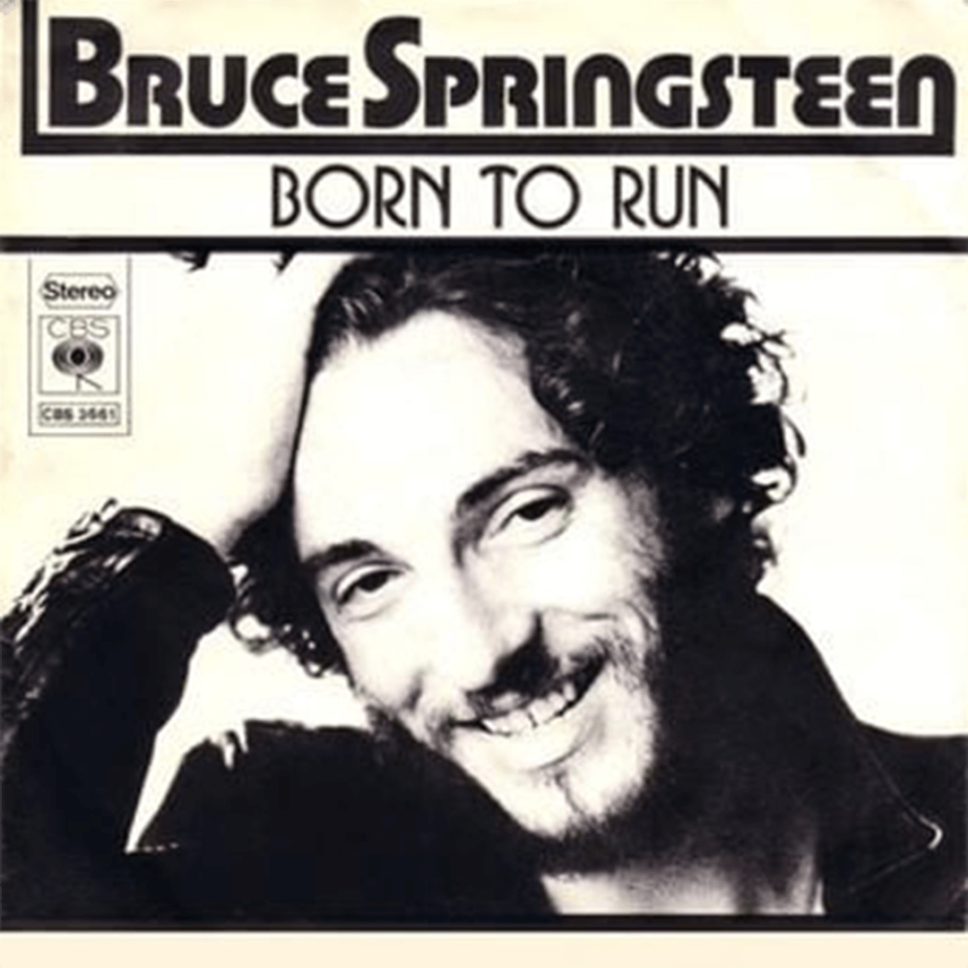 Black-and-white cover with "Bruce Springsteen" and "Born to Run" bold text. Smiling man with curly hair, hand on head, creates a relaxed, joyful tone.