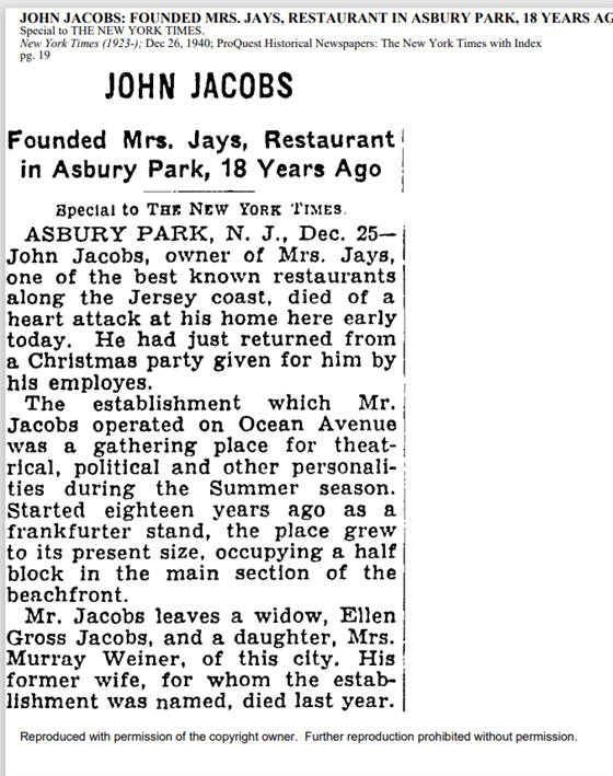 Obituary titled "John Jacobs" about the founder of Mrs. Jays restaurant in Asbury Park. Mentions his death from a heart attack, restaurant history, and family.
