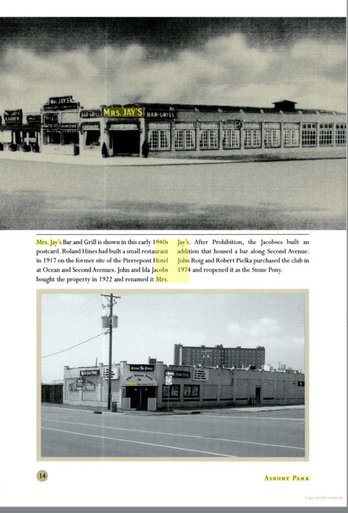 Vintage postcard of Mrs. Jay's Bar and Grill from the 1940s above a black-and-white photo of the building's later state. Historical text below.