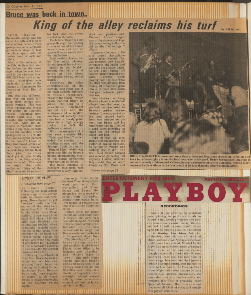 Vintage newspaper article titled "King of the alley reclaims his turf" featuring text and a grainy black-and-white photo of a musician in performance. The layout includes multiple columns, highlighting excitement and nostalgia. At the bottom, a section labeled "PLAYBOY" suggests a recording review. The tone is enthusiastic and reminiscent.