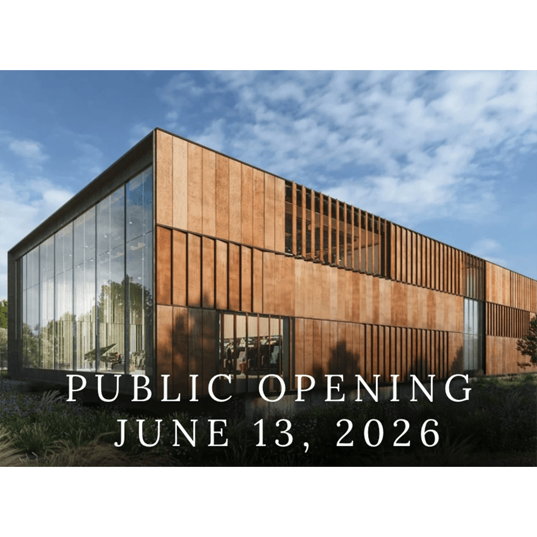 Modern building with large glass windows and landscaped greenery under a blue sky. Text overlay: "Public Opening June 13, 2026."