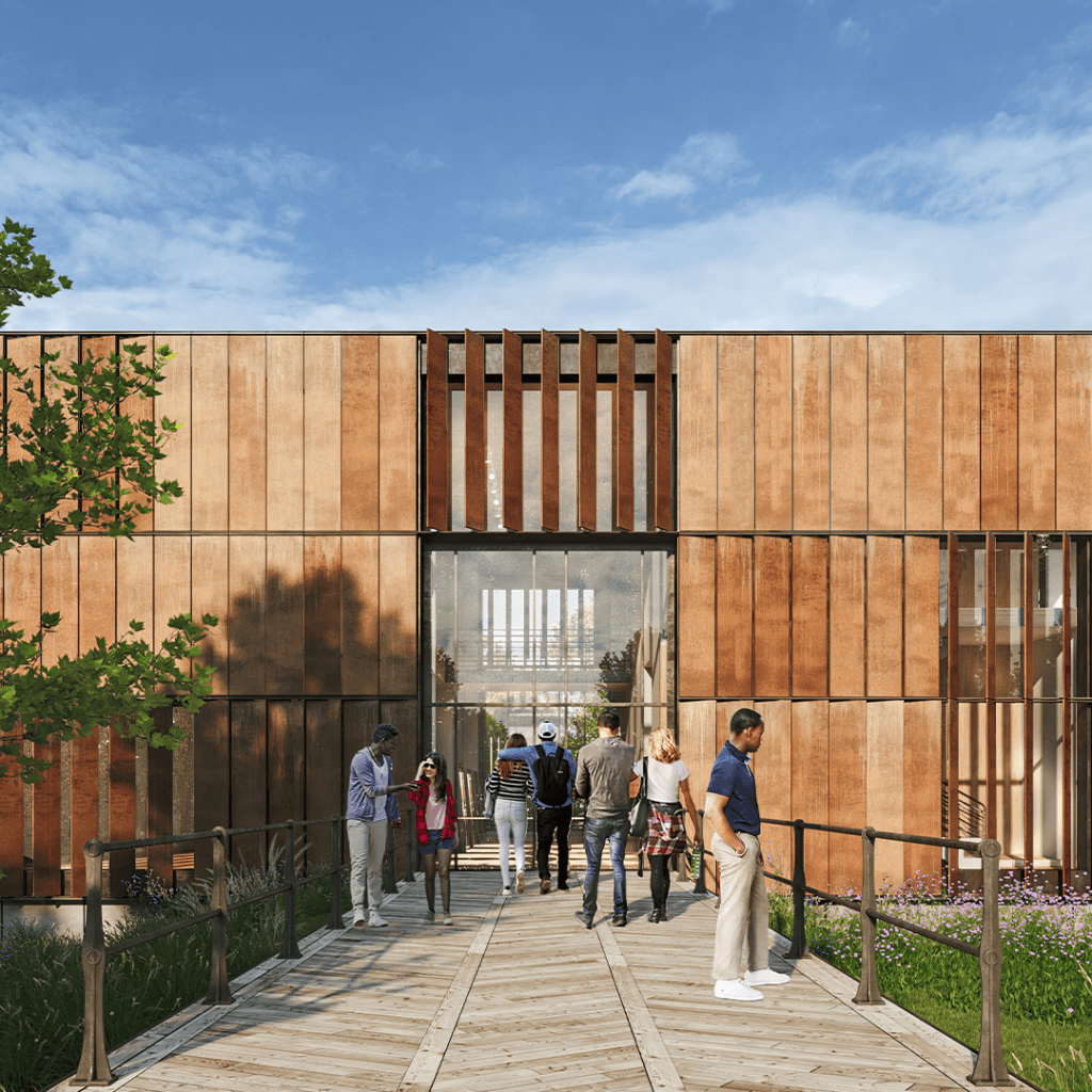 Modern building with wooden panel facade, featuring a group of people walking towards a glass entrance. The sky is clear and the mood is lively.