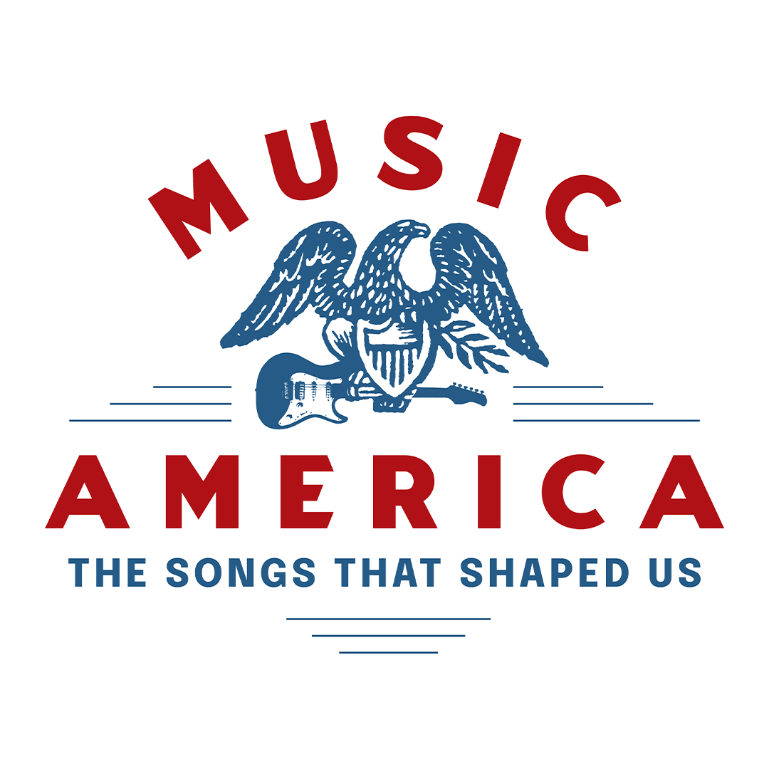 Stylized eagle with a guitar overlaid with "Music America" in bold red, and "The Songs That Shaped Us" in blue beneath. Patriotic and artistic theme.