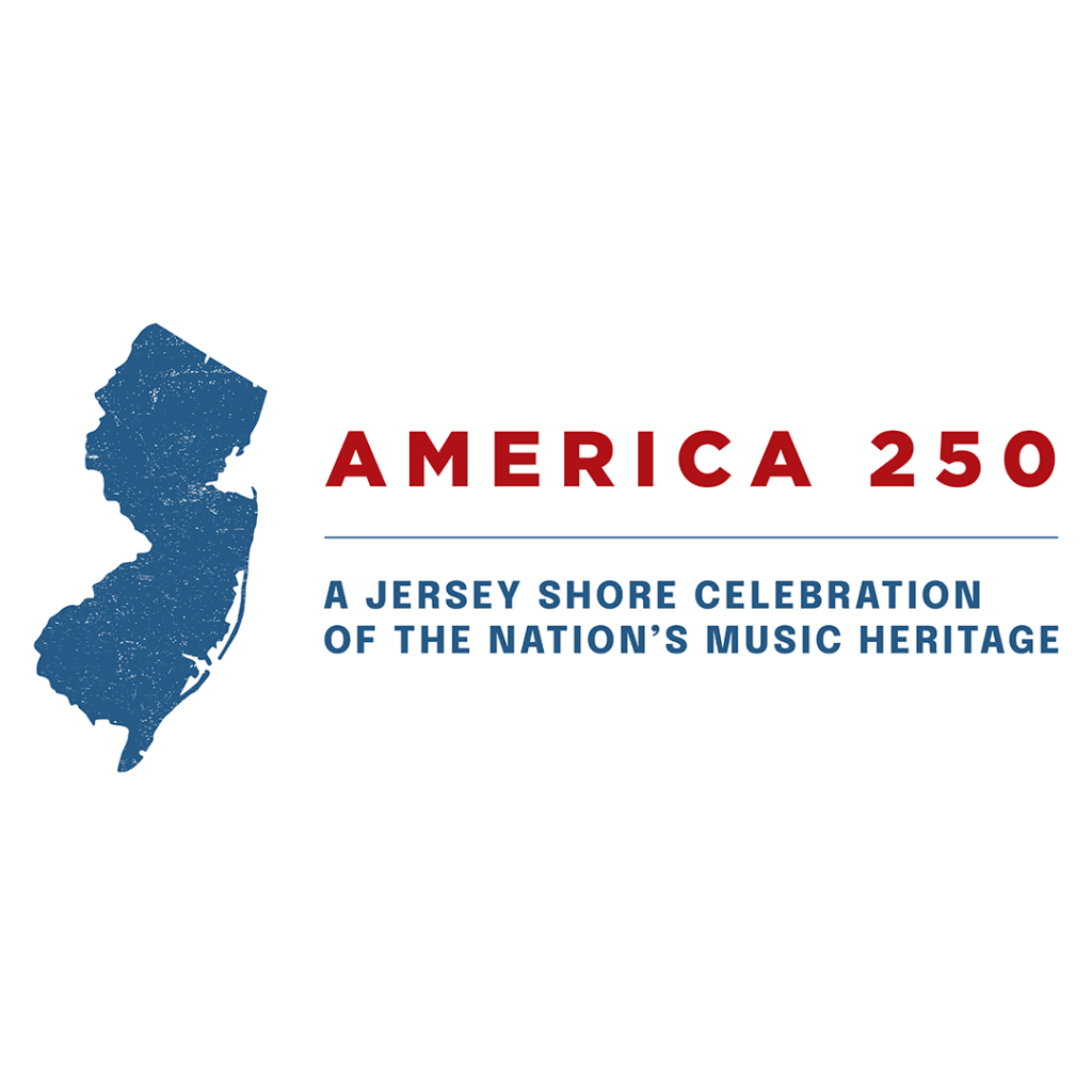Graphic featuring a blue silhouette of the state of New Jersey on the left, with bold red text reading ‘AMERICA 250’ to the right. Below, in blue capital letters, it says: ‘A Jersey Shore Celebration of the Nation’s Music Heritage.’ The design uses a red, white, and blue color scheme on a light background.