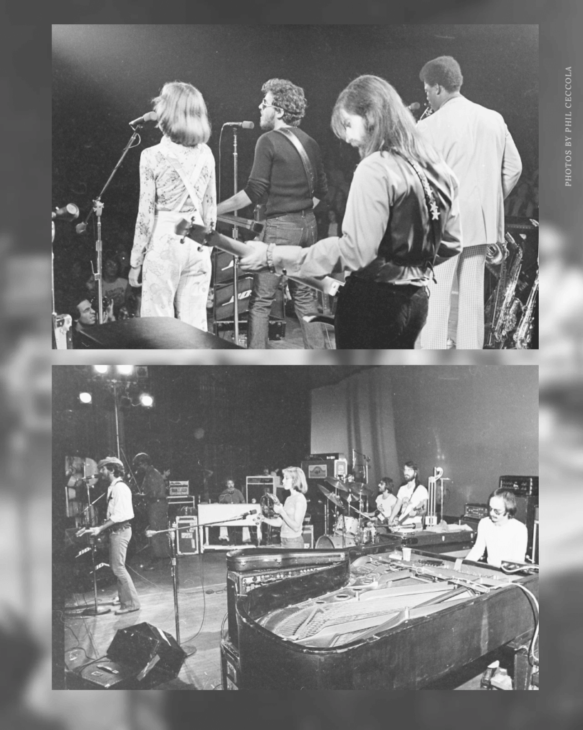 Black and white images of a live band performing on stage. Musicians are playing guitars, saxophones, and a grand piano, exuding an energetic atmosphere.