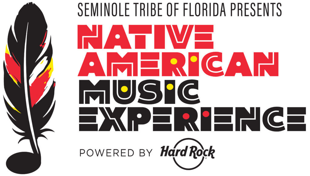 "Logo for Seminole Tribe of Florida's Native American Music Experience features a stylized feather and bold red, black, and yellow text. Powered by Hard Rock."