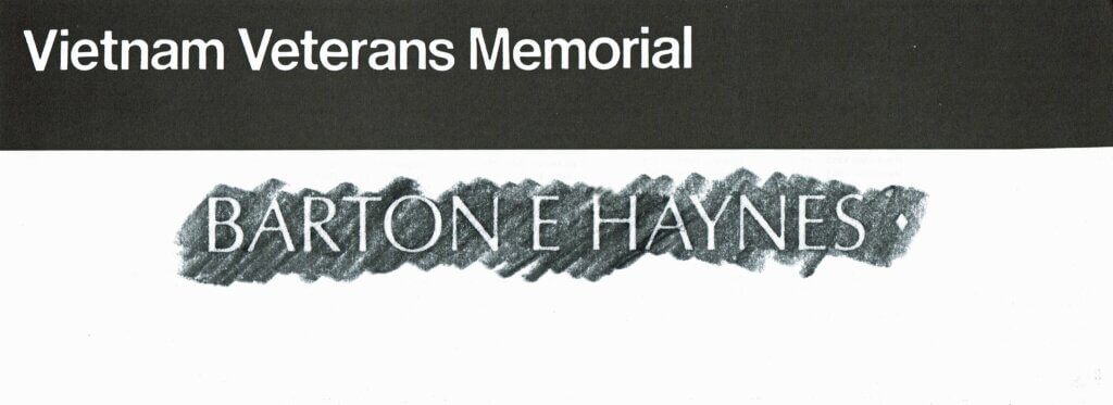 "Rubbing of the name 'Barton E. Haynes' from the Vietnam Veterans Memorial, with the title above. The image evokes a solemn and respectful tone."