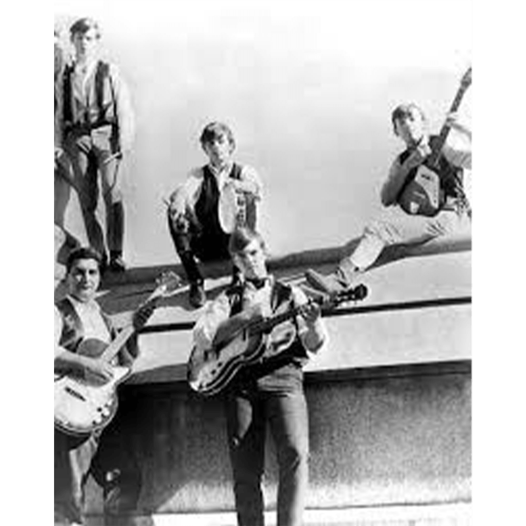 Black and white image of five men (including Bart Haynes and Walter Cichon) with guitars, in 1960s style clothing. Three are standing while two are sitting on a ledge, exuding a relaxed, retro vibe.