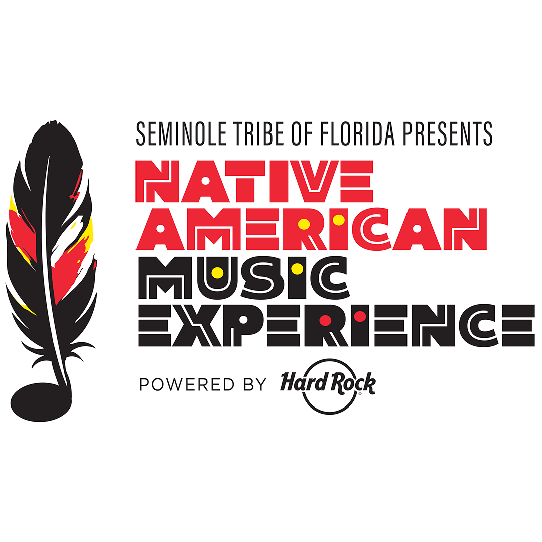 "Logo for Seminole Tribe of Florida's Native American Music Experience features a stylized feather and bold red, black, and yellow text. Powered by Hard Rock."