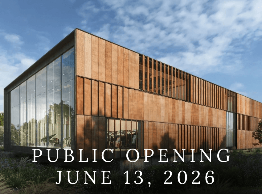 Modern building with large glass windows and landscaped greenery under a blue sky. Text overlay: "Public Opening June 13, 2026."