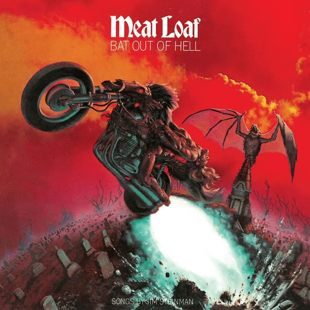 The album cover for Meat Loaf's Bat Out of Hell features a dramatic illustration of a person riding a motorcycle out of a graveyard, with a bat perched on a tombstone against a vivid red and orange background.