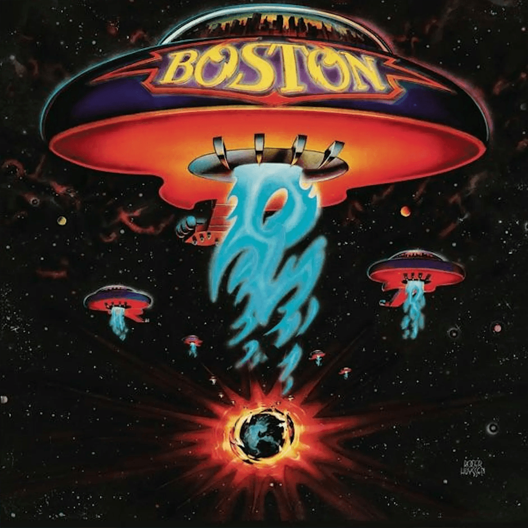 Iconic self-titled album cover for the band Boston, featuring a signature illustration of spaceship-like craft that resemble guitars, shown in outer space hovering over a planet.