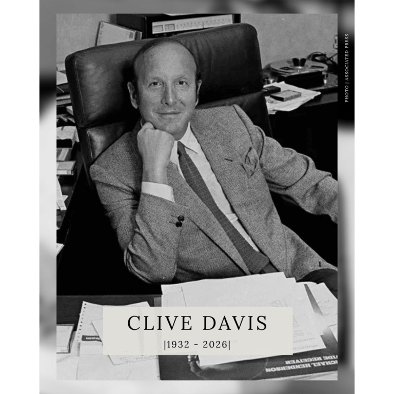 Clive Davis, 1932–2026 (black and white portrait)