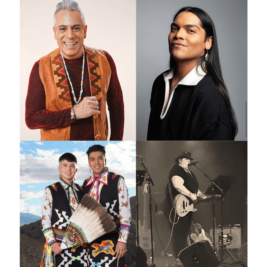 A composite image featuring four different musical artists and performers, including a man in a leather vest, a young man with long hair, two men in traditional Indigenous regalia, and a musician playing guitar on stage.