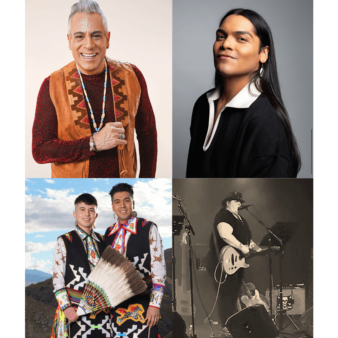 A composite image featuring four different musical artists and performers, including a man in a leather vest, a young man with long hair, two men in traditional Indigenous regalia, and a musician playing guitar on stage.