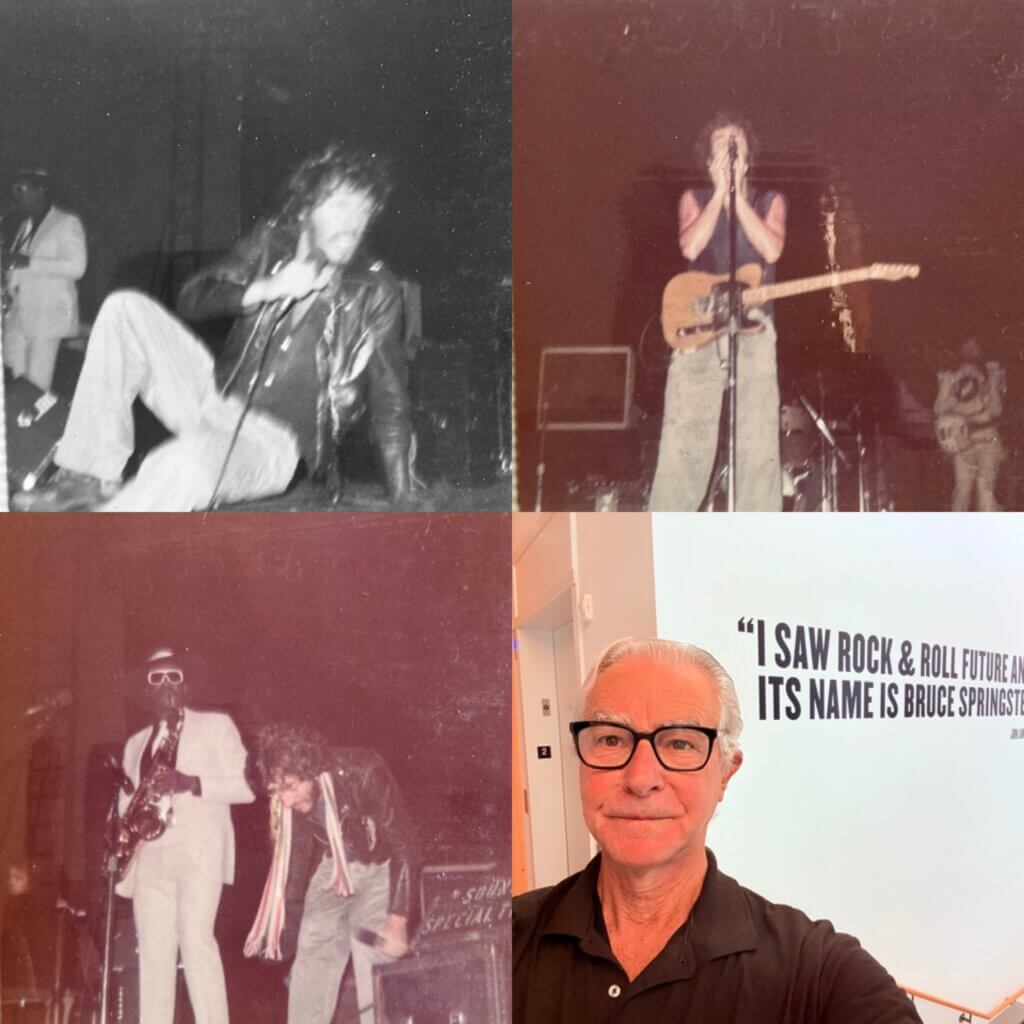 Top Left: A vintage black-and-white performance shot of a singer in a leather jacket sitting on stage, accompanied by a musician in a light suit. Top Right: A vintage color photograph of a musician playing a guitar and singing into a microphone on stage. Bottom Left: A vintage color photograph of a saxophone player and a singer performing together. Bottom Right: A modern selfie taken at the Bruce Springsteen Center for American Music, showing a visitor in front of the wall display featuring the famous 1974 Jon Landau quote: "I saw rock & roll future and its name is Bruce Springsteen."