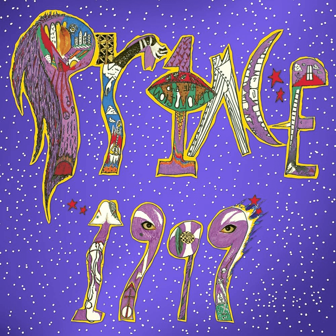 Iconic album cover for Prince's 1982 album, 1999. It features distinctive, colorful hand-drawn lettering against a purple background speckled with white dots.
