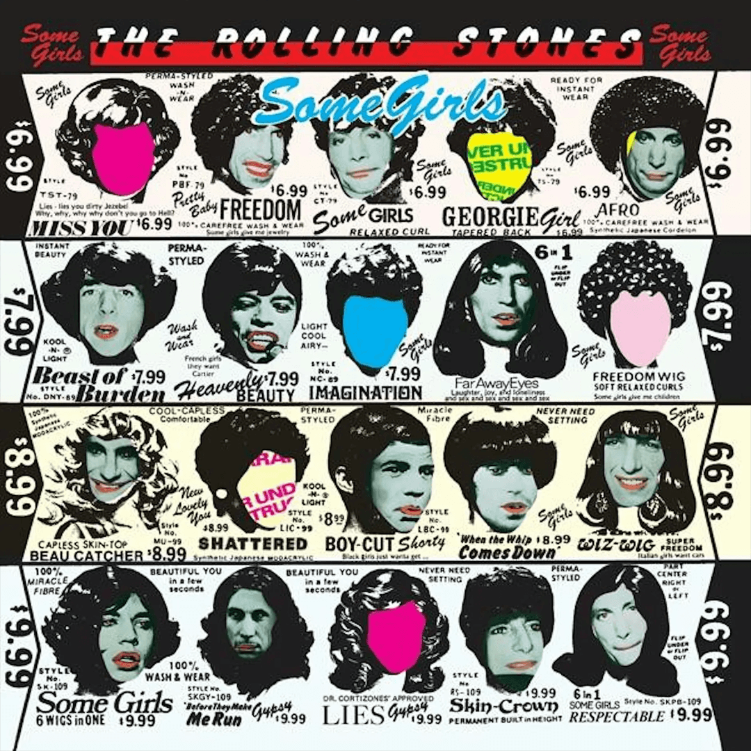 Iconic, die-cut album cover for The Rolling Stones' 1978 album, Some Girls, which features portraits of the band members interspersed with celebrities in a mock wig advertisement layout.