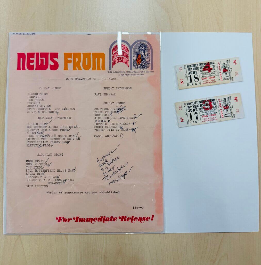 A document titled "News From" the Monterey International Pop Festival, displaying a typed performance schedule for the 1967 event alongside two physical "Stage Front" tickets for June 17 and 18, 1967.