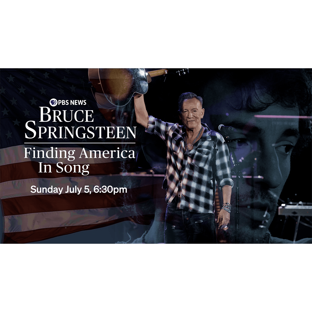 For the image PBSNews_BruceSpringsteen_AmericaInSong_Promo_v5.00_00_29_25.Still001.jpg, here are a few options for alt text: Descriptive: A promotional image for a PBS News special featuring Bruce Springsteen holding a guitar, with a large American flag in the background and the text "Bruce Springsteen: Finding America In Song, Sunday July 5, 6:30pm.