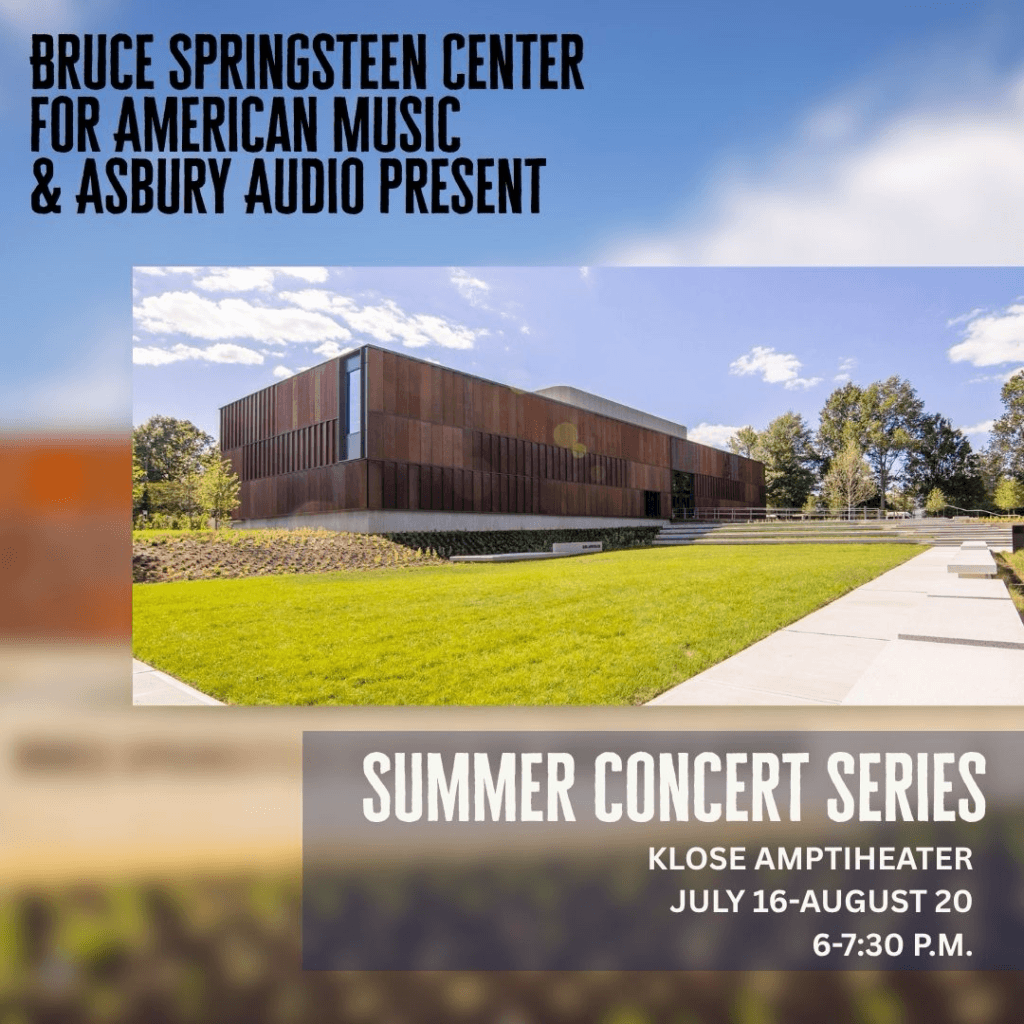 For the image Klose 1.jpg, here are a few options for alt text:Descriptive: A promotional graphic for the Summer Concert Series presented by the Bruce Springsteen Center for American Music and Asbury Audio, featuring a photo of the modern Klose Amphitheater building surrounded by grass and pathways.