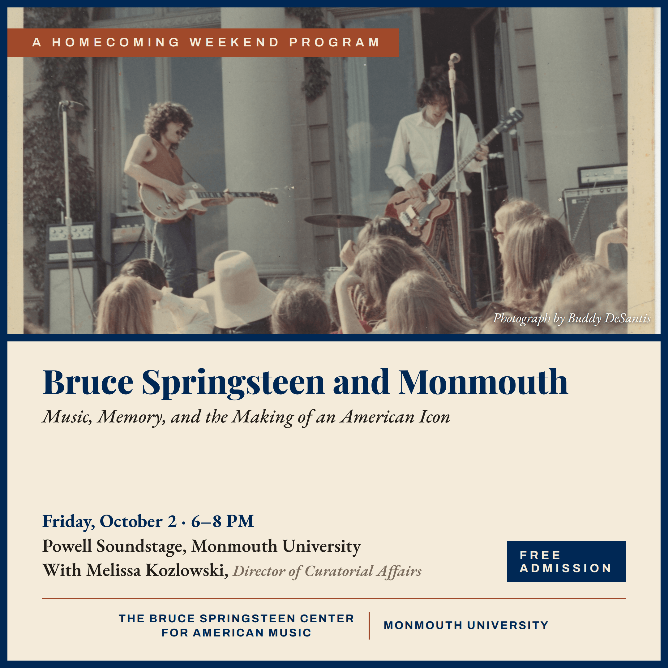 Promotional graphic for a Homecoming Weekend program at Monmouth University titled 'Bruce Springsteen and Monmouth: Music, Memory, and the Making of an American Icon,' featuring a vintage photo by Buddy DeSantis of Bruce Springsteen performing outdoors with a band, with event details for Friday, October 2 from 6 to 8 PM at Powell Soundstage.
