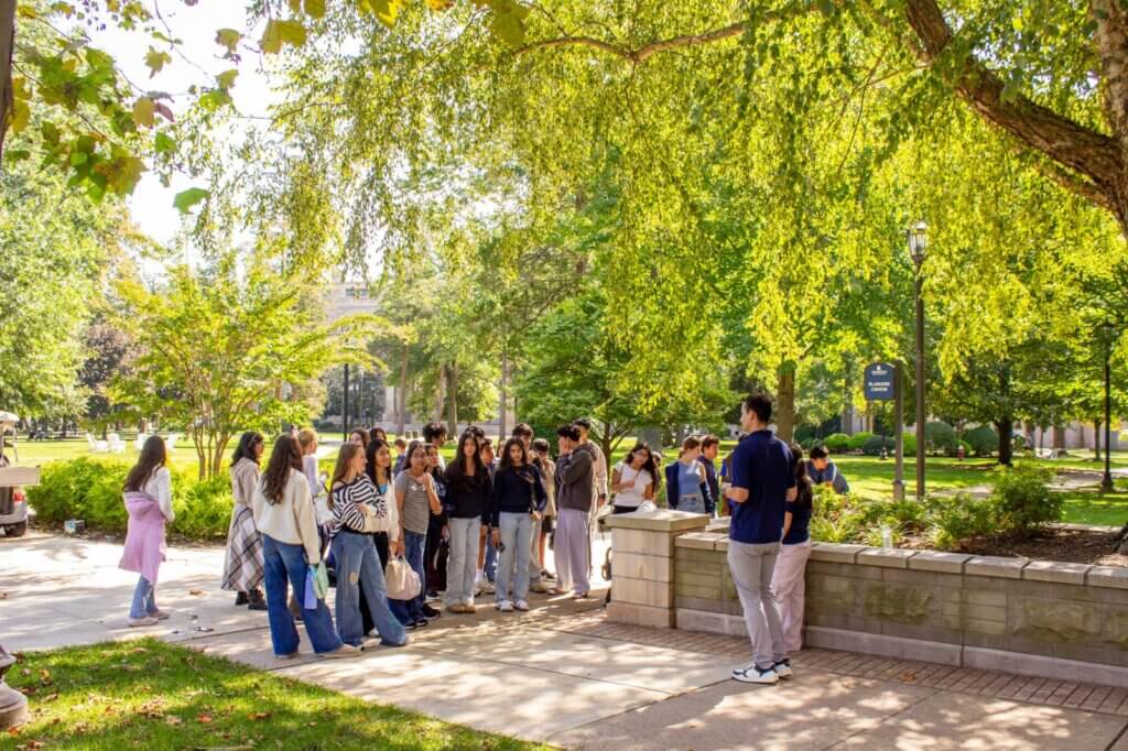 Biotechnology High School students on a guided tour of the Monmouth University campus near the Plangere Center