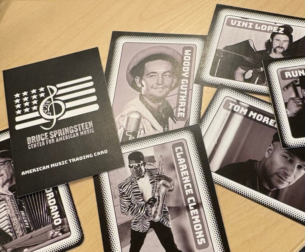 American Music Trading Cards featuring Woody Guthrie, Clarence Clemons, Vini Lopez, Tom Morello and others, with the Center logo card