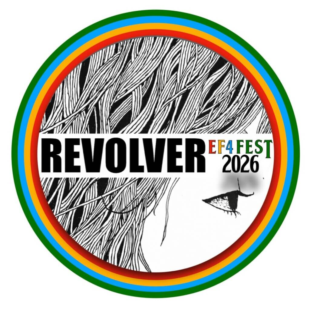 Everything Fab Four Fest 2026 logo: the word Revolver over a black-and-white line drawing of flowing hair and an eye, inside a circle ringed in red, yellow, blue and green, with EF4 Fest 2026