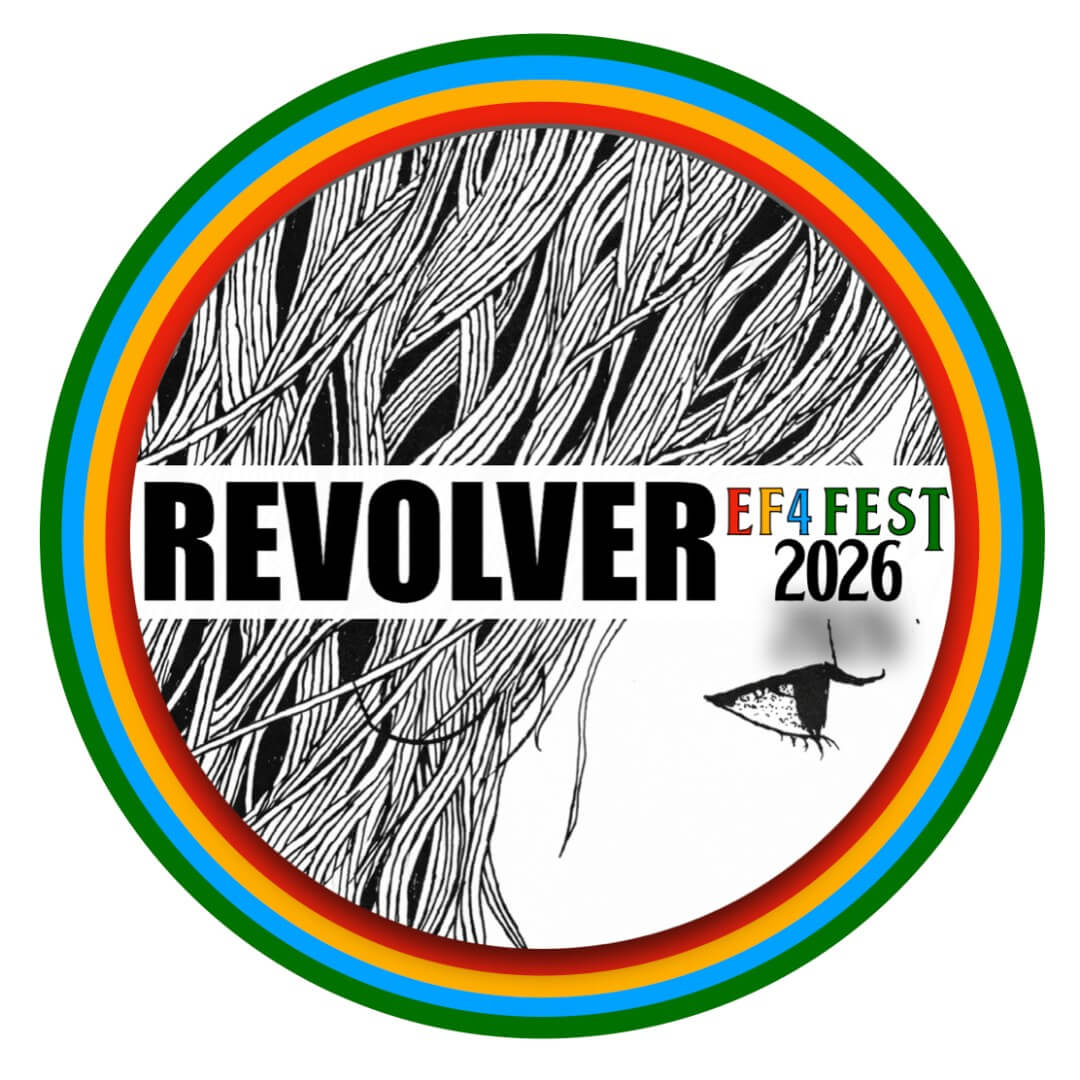 Everything Fab Four Fest 2026 logo: the word Revolver over a black-and-white line drawing of flowing hair and an eye, inside a circle ringed in red, yellow, blue and green, with EF4 Fest 2026
